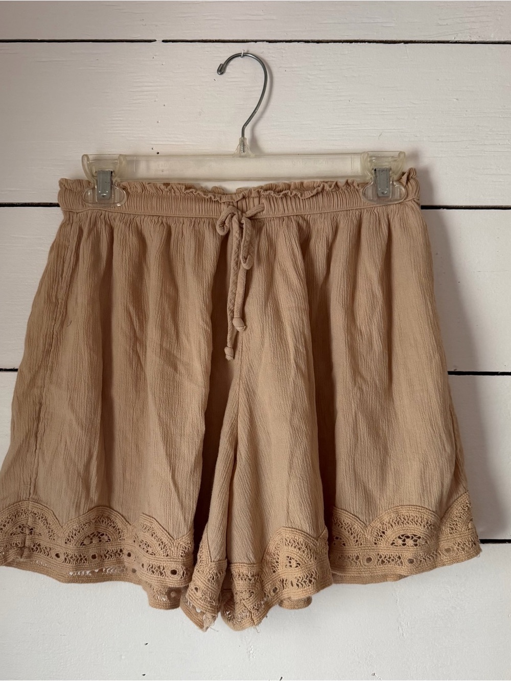 aerie Tan Crochet-Hem Drawstring Athletic Shorts
